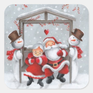 Vintage Weihnachten Santa und Schneemann Quadratischer Aufkleber