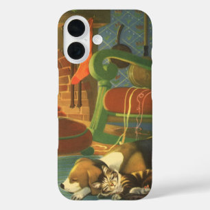 Vintage Weihnachten, Schlafende Tiere am Kamin iPhone 16 Hülle