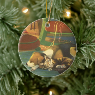 Vintage Weihnachten, Schlafende Tiere am Kamin Keramikornament