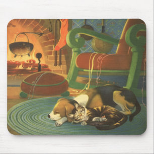 Vintage Weihnachten, Schlafende Tiere am Kamin Mousepad