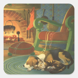 Vintage Weihnachten, Schlafende Tiere am Kamin Quadratischer Aufkleber