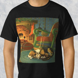 Vintage Weihnachten, Schlafende Tiere am Kamin T-Shirt
