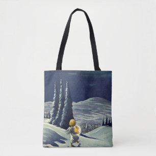 Vintage Weihnachten, Schneeengel geht mit einem St