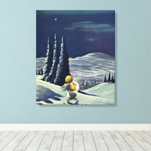 Vintage Weihnachten, Schneeengel geht mit einem St Leinwanddruck