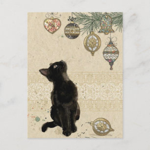 Vintage-Weihnachten schwarze Katze betrachtet Chri Postkarte