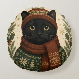 Vintage-Weihnachten schwarze Katze Rundes Kissen