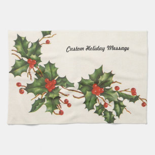 Vintage Weihnachten, Stechpalmenpflanze mit roten  Geschirrtuch