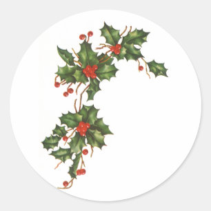 Vintage Weihnachten, Stechpalmenpflanze mit roten Runder Aufkleber