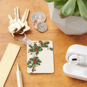 Vintage Weihnachten, Stechpalmenpflanze mit roten Schlüsselanhänger