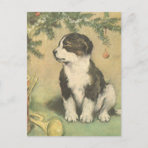 Vintage Weihnachten, süßer Welpe unter dem Weihnac Feiertagspostkarte
