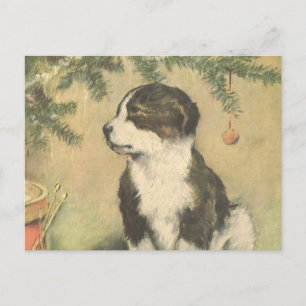 Vintage Weihnachten, süßer Welpe unter dem Weihnac Feiertagspostkarte