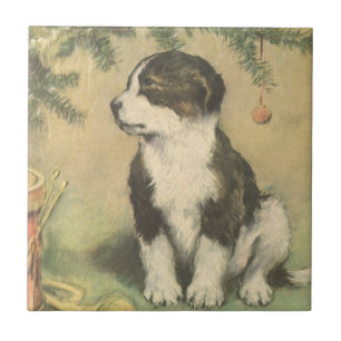 Vintage Weihnachten, süßer Welpe unter dem Weihnac Fliese