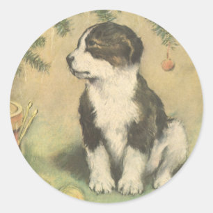Vintage Weihnachten, süßer Welpe unter dem Weihnac Runder Aufkleber