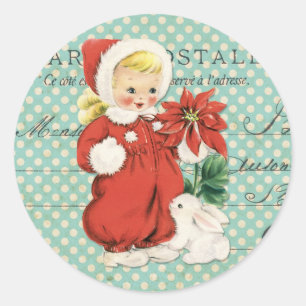 Vintage Weihnachten Süßes Mädchen Poinsettia Minzp Runder Aufkleber