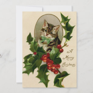 Vintage-Weihnachten Tabby-Kätzchen Holly und Beere Feiertagskarte