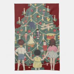 Vintage Weihnachten um einen dekorierten Baum Geschirrtuch
