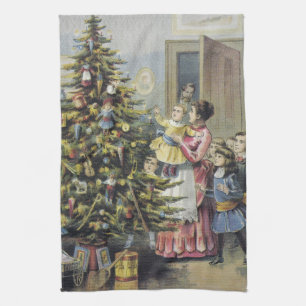 Vintage Weihnachten, viktorianische Familie um den Geschirrtuch