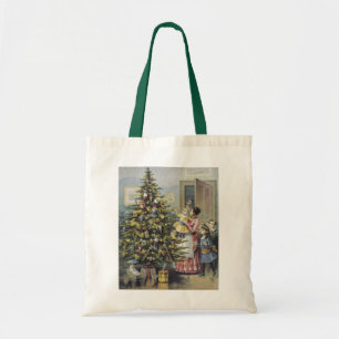 Vintage Weihnachten, viktorianische Familie um den Tragetasche