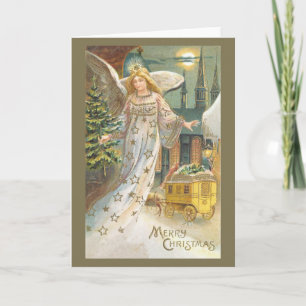 Vintage Weihnachten, viktorianischer Engel mit Bau Feiertagskarte