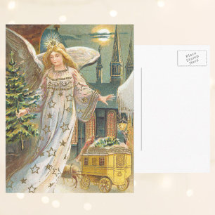 Vintage-Weihnachten, viktorianischer Engel mit Bau Feiertagspostkarte