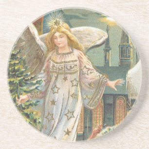 Vintage Weihnachten, viktorianischer Engel mit Bau Sandstein Untersetzer