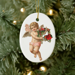 Vintage Weihnachten, viktorianischer Engel mit flo Keramik Ornament