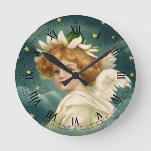Vintage Weihnachten, viktorianischer Engel mit gol Runde Wanduhr
