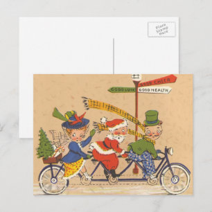 Vintage Weihnachten, Weihnachtsmann fährt Fahrrad Feiertagspostkarte