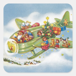 Vintage Weihnachten, Weihnachtsmann fliegt ein Flu Quadratischer Aufkleber