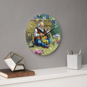 Vintage Weihnachten, Weihnachtsmann macht Spielzeu Große Wanduhr