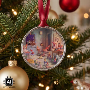 Vintage Weihnachten, Weihnachtsmann mit Elfen-Werk Ornament Aus Metall
