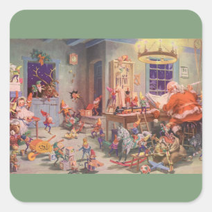 Vintage Weihnachten, Weihnachtsmann mit Elfen-Werk Quadratischer Aufkleber