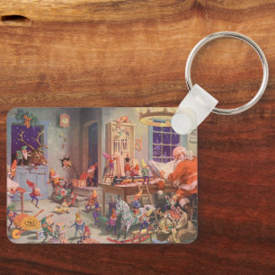 Vintage Weihnachten, Weihnachtsmann mit Elfen-Werk Schlüsselanhänger
