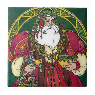 Vintage Weihnachten, Weihnachtsmann mit Stechpalme Fliese