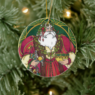 Vintage Weihnachten, Weihnachtsmann mit Stechpalme Keramik Ornament