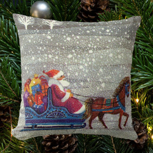 Vintage Weihnachten, Weihnachtsmann Pferdeschlitte Kissen