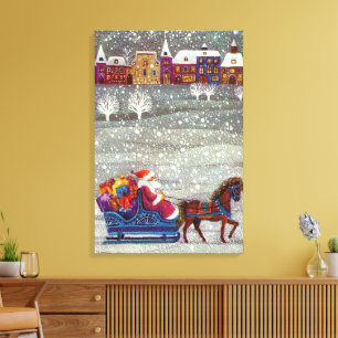 Vintage Weihnachten, Weihnachtsmann Pferdeschlitte Leinwanddruck