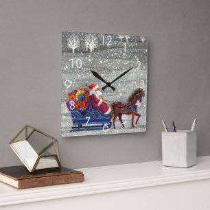 Vintage Weihnachten, Weihnachtsmann Pferdeschlitte Quadratische Wanduhr