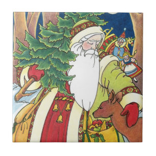 Vintage Weihnachten, Weihnachtsmann Reh im Wald Fliese