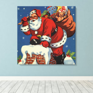 Vintage Weihnachten, Weihnachtsmann steigt den Sch Leinwanddruck