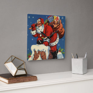 Vintage Weihnachten, Weihnachtsmann steigt durch d Quadratische Wanduhr