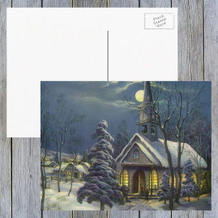 Vintage Weihnachten, Winterkirche im Schnee mit Mo Feiertagspostkarte