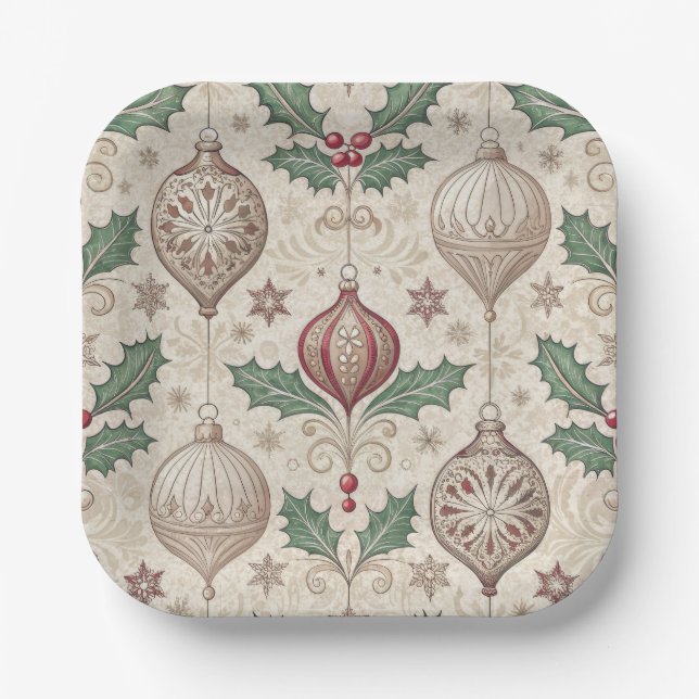 Vintage-Weihnachts-Beige-Christbaumkugel Pappteller (Vorderseite)