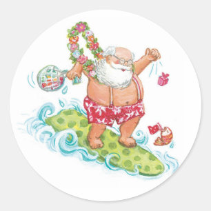 Vintage-Weihnachts-Cartoon-Surfing-Santa-Claus Runder Aufkleber