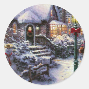Vintage Weihnachts Cottage Schnee Szene Runder Aufkleber