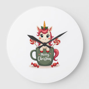 Vintage-Weihnachts-Einhorn in Merry Christmas Mug Große Wanduhr