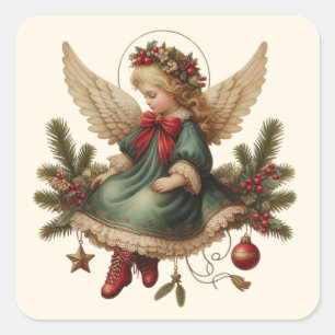 Vintage-Weihnachts-Engel-Aufkleber Quadratischer Aufkleber