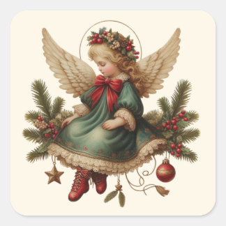 Vintage-Weihnachts-Engel-Aufkleber Quadratischer Aufkleber
