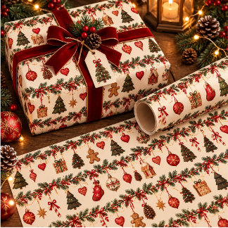 Vintage-Weihnachts-Evergreen-Girlande und Hängend Geschenkpapier