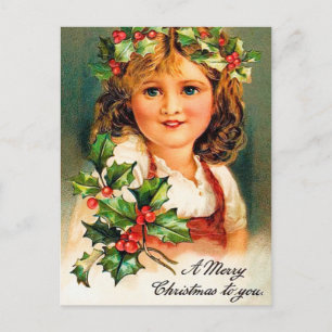 Vintage-Weihnachts-Feiertags-Stechpalmen-Mädchen-P Feiertagspostkarte